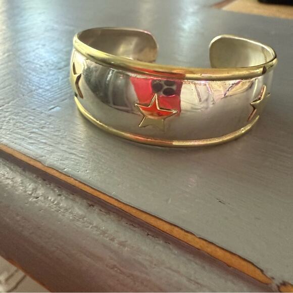 Mexico Sterling Silver Two Tone Star Cuff Bracelet - Picture 12 of 13